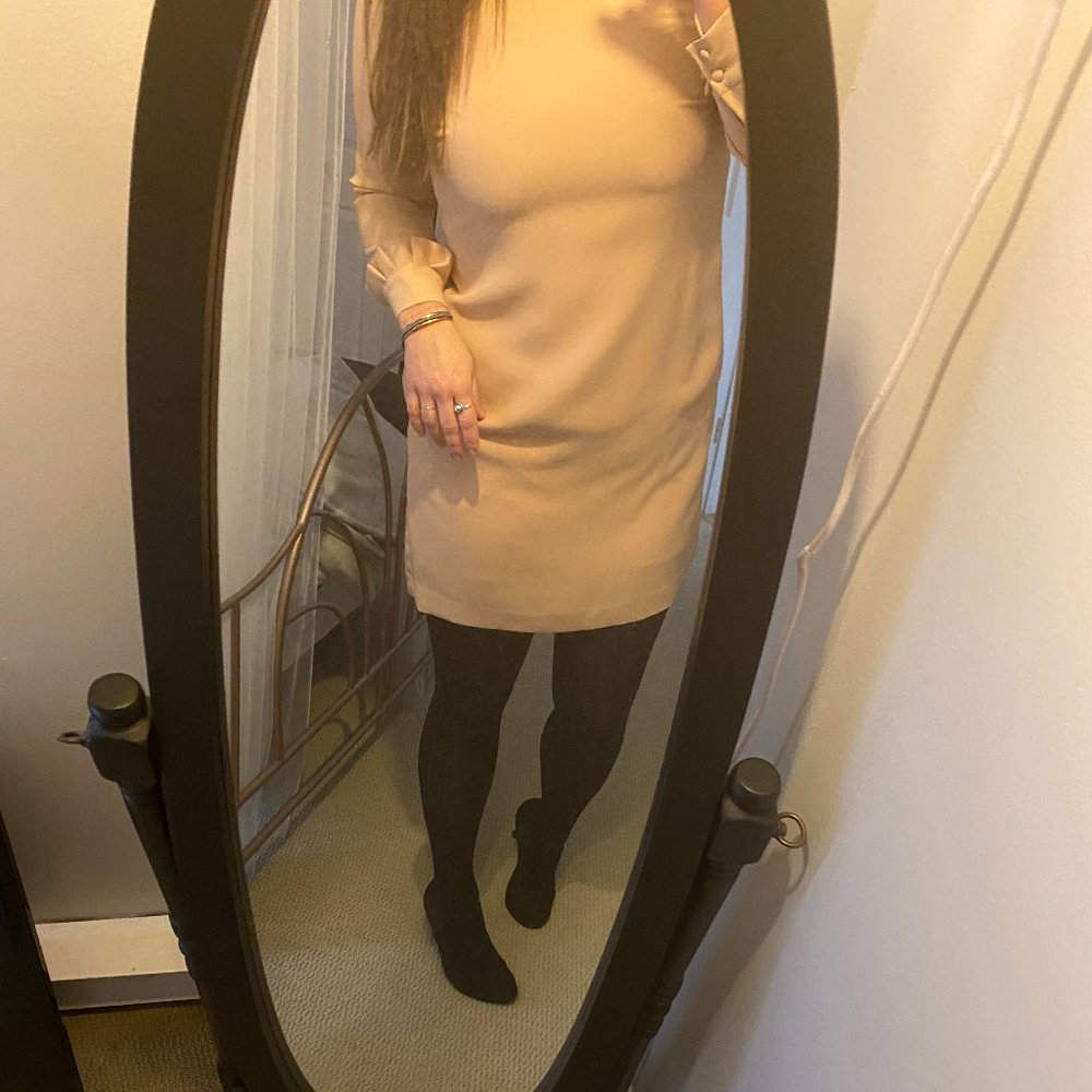 EUC Banana Republic Tan Long Sleeve Ruffle Cuff Cocktail Dress Sz 10 - Picture 3 of 7